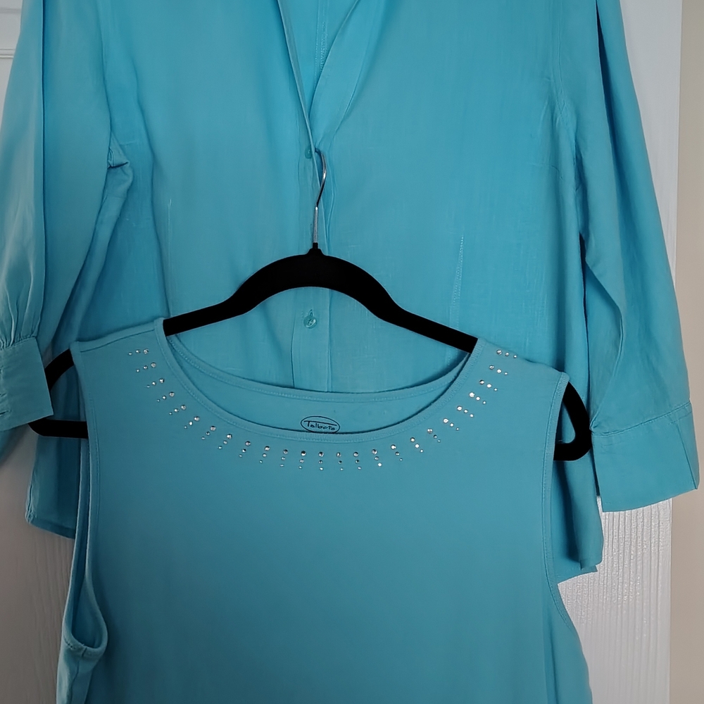 Talbots Turquoise Linen Blouse with Matching Rhinestone Accents Tee Shirt XLG